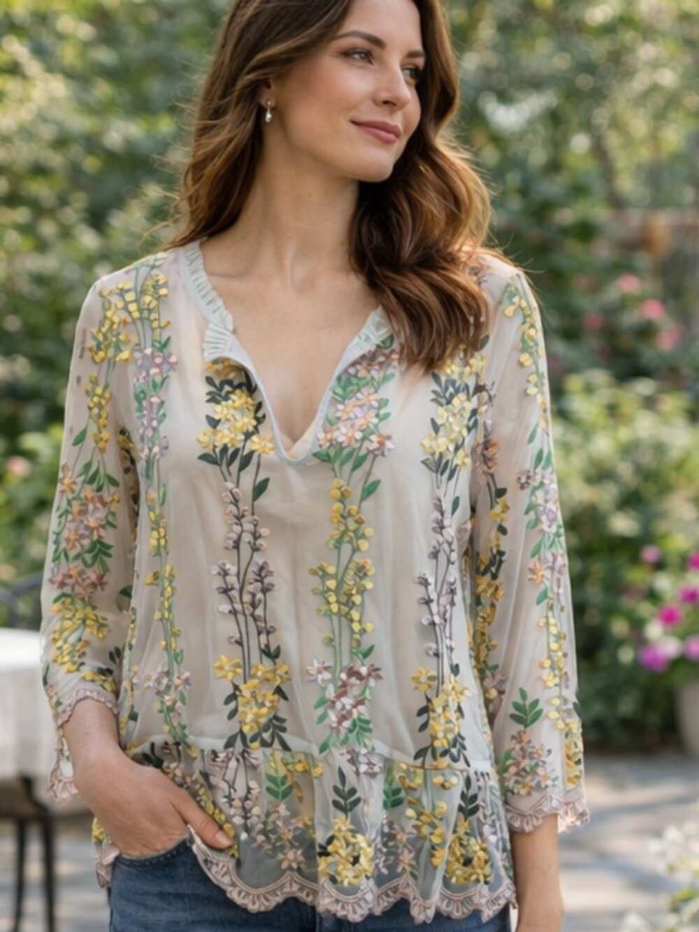 cupcakes & cashmere Sheer Floral Embroidered Blouse in Beige, Yellow, Green